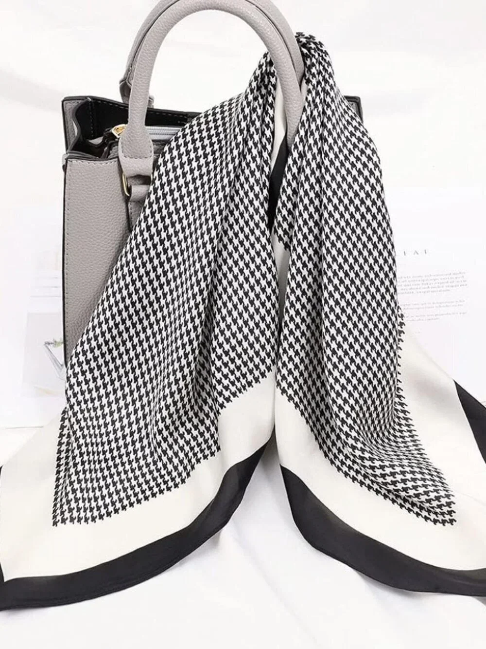 Women's  White Black Houndstooth Scarf for Hair Digital Printed Headscarf Silk
